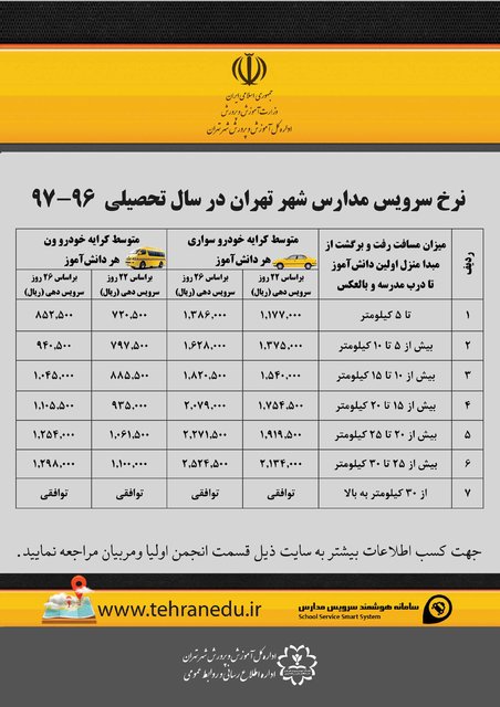 نرخ شهریه سرویس مدارس پایتخت اعلام شد