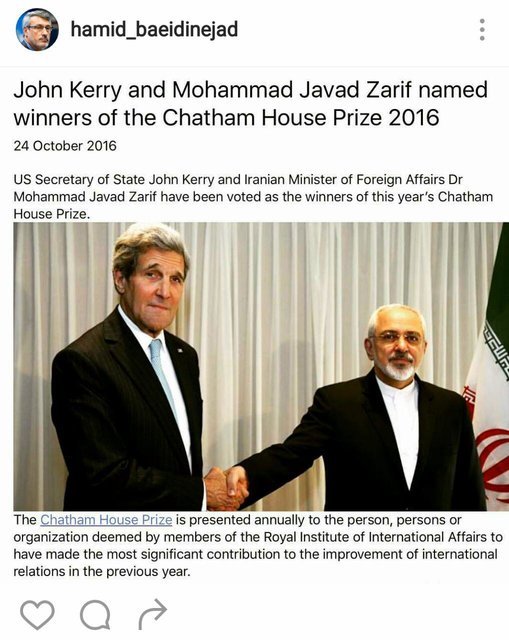 بعیدی نژاد: چتم هاوس ظریف و کری را موثرترین افراد در ارتقاء امنیت بین المللی امسال دانست
 بعیدی نژاد: چتم هاوس ظریف و کری را موثرترین افراد در ارتقاء امنیت بین المللی امسال دانست