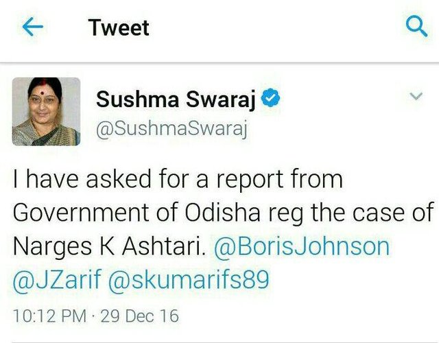 بررسی پرونده نرگس کلباسی توسط وزیر امور خارجه هند بررسی پرونده نرگس کلباسی توسط وزیر امور خارجه هند