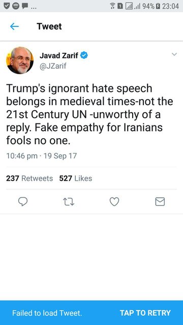 واکنش توییتری وزیر امور خارجه به سخنان ترامپ
