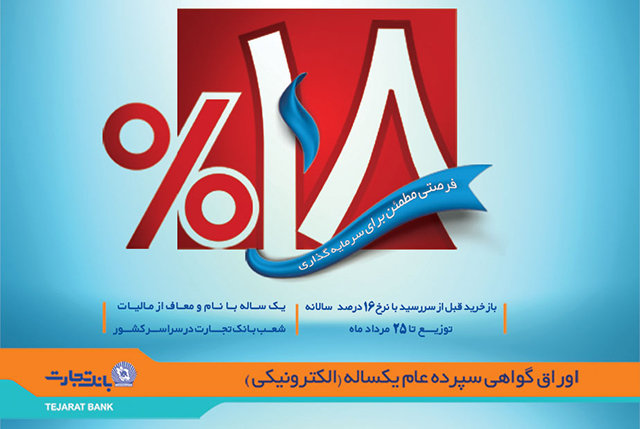 فروش اوراق گواهی سپرده ۱۸ درصدی بانک تجارت بانک تجارت