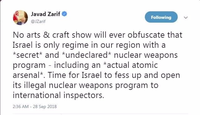 واکنش توییتری ظریف به نمایش ضدایرانی نتانیاهو در سازمان ملل