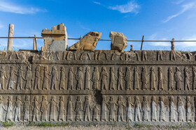 نقوش روی دیوارهای منتهی به پلکانهای تالار زیادند، اما معمولا تصاویر یکسانند، پيكرههاي منفرد، نه يك بار و دوبار، بلكه در حالي كه سربازان روي پلكانها و كنار نردهها صف كشيدهاند چندين صدبار با حالتي يكسان تكرار ميشوند. طرح چهره يكساني براي پارسيان، مادها و بيشتر بيگانگان نشان داده شده است. پارسها بلا استثناء جامههاي بلند چيندار پوشيدهاند و مادها همگي ملبس به لباسهاي بدون آستيني هستند كه بلنداي آن تا روي زانوانشان ميرسد. اما این دیوارهها هم از گزند آسیبها و بیتوجهیها در امان نبودهاند.