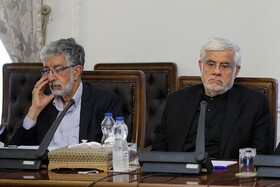 محمدرضا عارف و غلامعلی حداد عادل در جلسه شورای عالی انقلاب فرهنگی