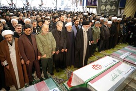 Iran's Supreme Leader Ayatollah Ali Khamenei leads the prayer at the funeral of the late commander of IRGC General Qassem Soleimani and his accompanies, January 6, 2020.