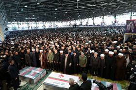 Iran's Supreme Leader Ayatollah Ali Khamenei leads the prayer at the funeral of the late commander of IRGC General Qassem Soleimani and his accompanies, January 6, 2020.