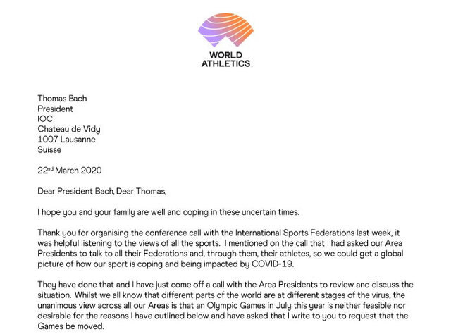 نامه رییس فدراسیون جهانی دوومیدانی به باخ برای تعویق المپیک