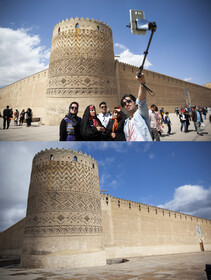 نمای بیرونی محوطه قلعه کریمخانی که مسافران و گردشگران زیادی عکسهایی با خانواده به یادگار از این اماکن تاریخی شهر ثبت میکنند، ولی امسال(نوروز۹۹) به دلیل شیوع ویروس کرونا سفرها کنسل شده و گردشگران برای حفظ سلامتی خود وخانواده در خانه ماندهاند.