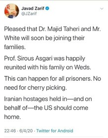 توییت ظریف درباره تبادل زندانیان ایرانی و آمریکایی