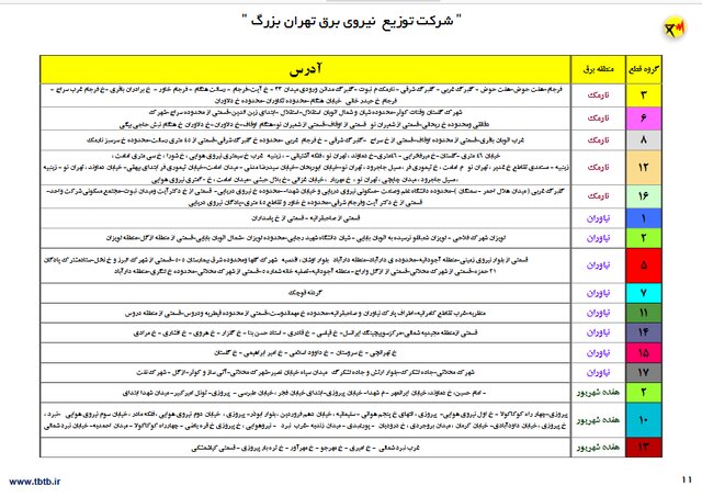 جدول زمان‌بندی خاموشی‌های پایتخت تا 3 تیر اعلام شد 13