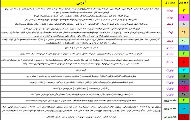 جدول احتمالی زمان‌بندی خاموشی‌های پایتخت منتشر شد