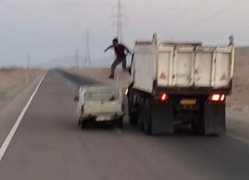 واکنش پلیس به ویدئوی حرکت مخاطره‌آمیز با "وانت و کامیون"