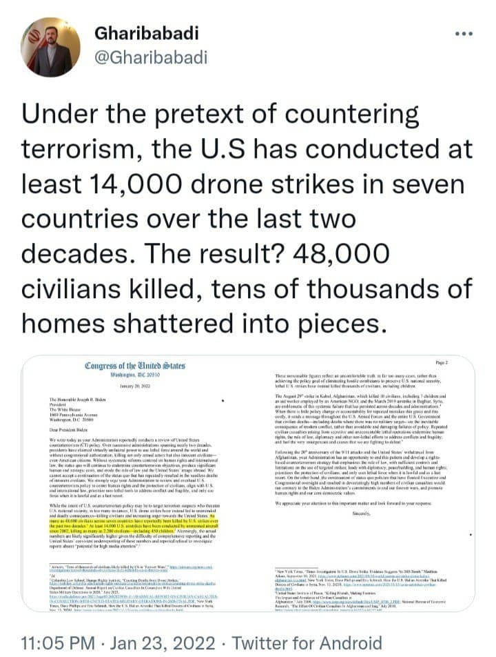 غریب آبادی: مبارزه با تروریسم آمریکا نتیجهای جز کشتار غیرنظامیان و خرابی نداشته است