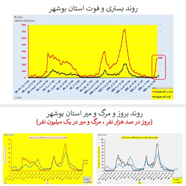 افزایش بارز "بستری" و "فوت" کرونایی در عمده استانهای کشور + نمودار