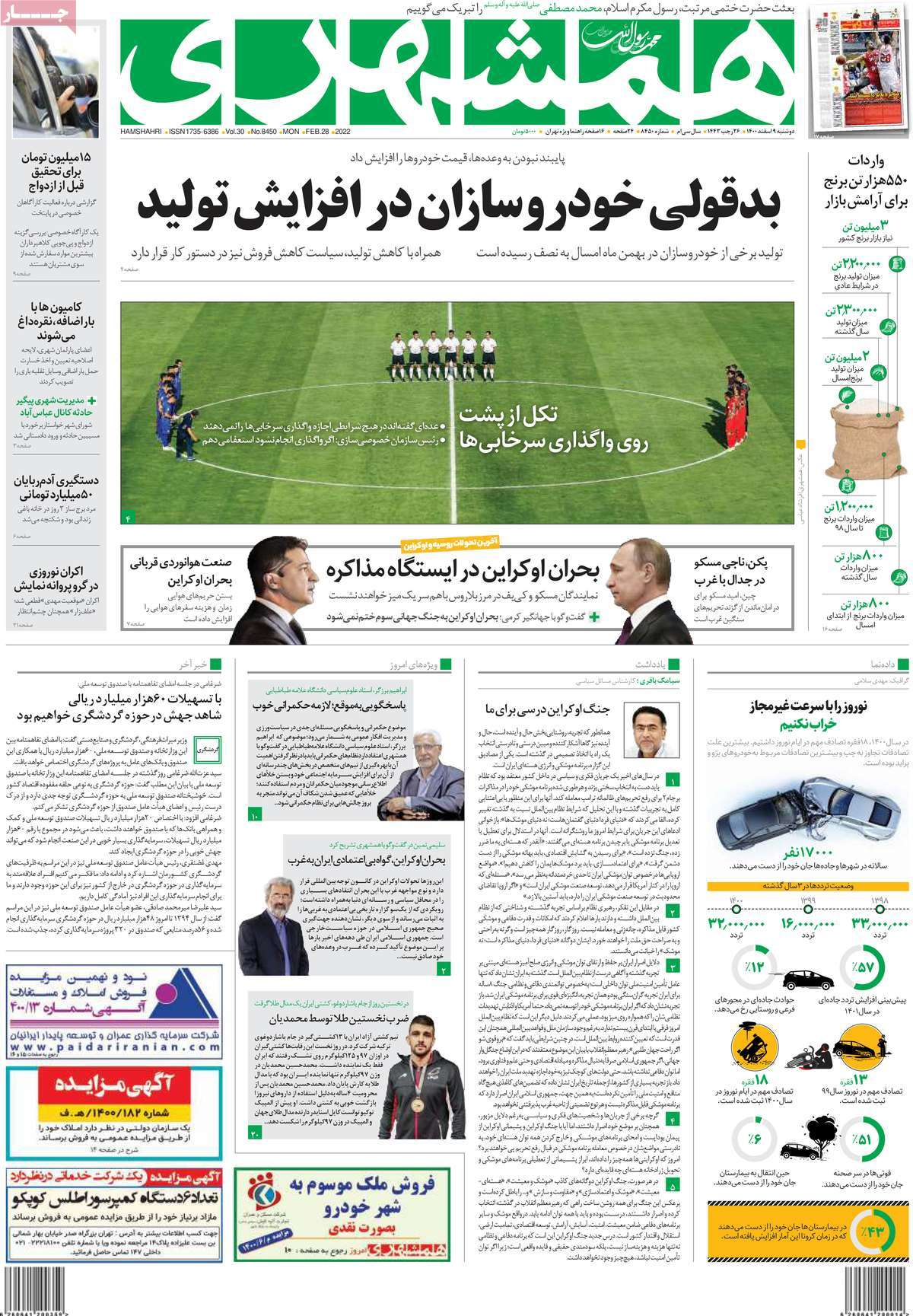 صفحه نخست روزنامههای کشور در روز دوشنبه