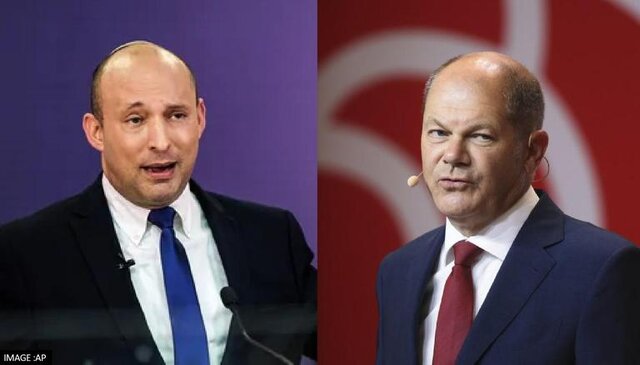 از راست؛ اولاف شولتس (صدراعظم آلمان) و نفتالی بنت (نخست وزیر رژیم صهیونیستی) دیدار نفتالی بنت و اولاف شولتس درباره جنگ اوکراین