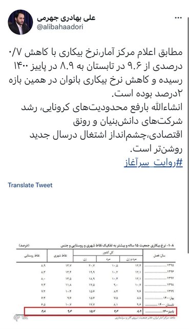 بهادری جهرمی: نرخ بیکاری به ۸ و ۹ دهم درصد کاهش یافته است