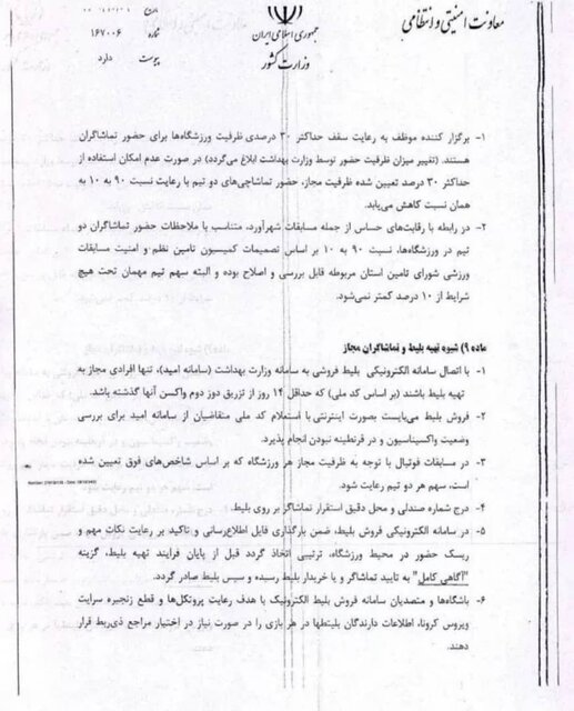 صدرو مجوز حضور ۳۰ درصدی هواداران در لیگ برتر و لیگ دسته یک