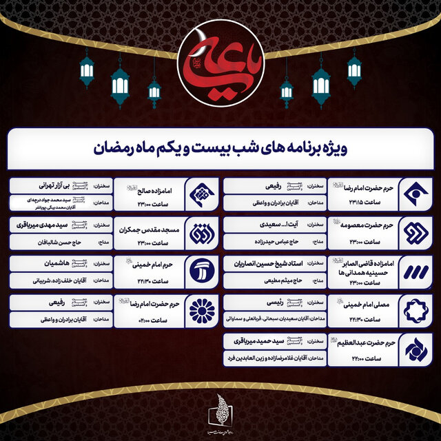 جدول سخنرانان و مداحان تلویزیون در شبهای قدر