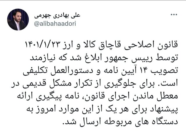 بهادری جهرمی: اجازه نمیدهیم اجرای قانون اصلاحی قاچاق کالا و ارز معطل بماند