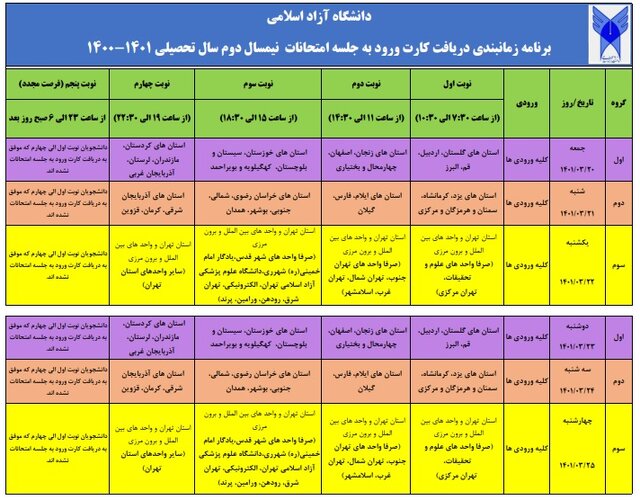 برنامه زمانبندی دریافت کارت ورود به جلسه امتحانات نیمسال دوم دانشگاه آزاد اعلام شد