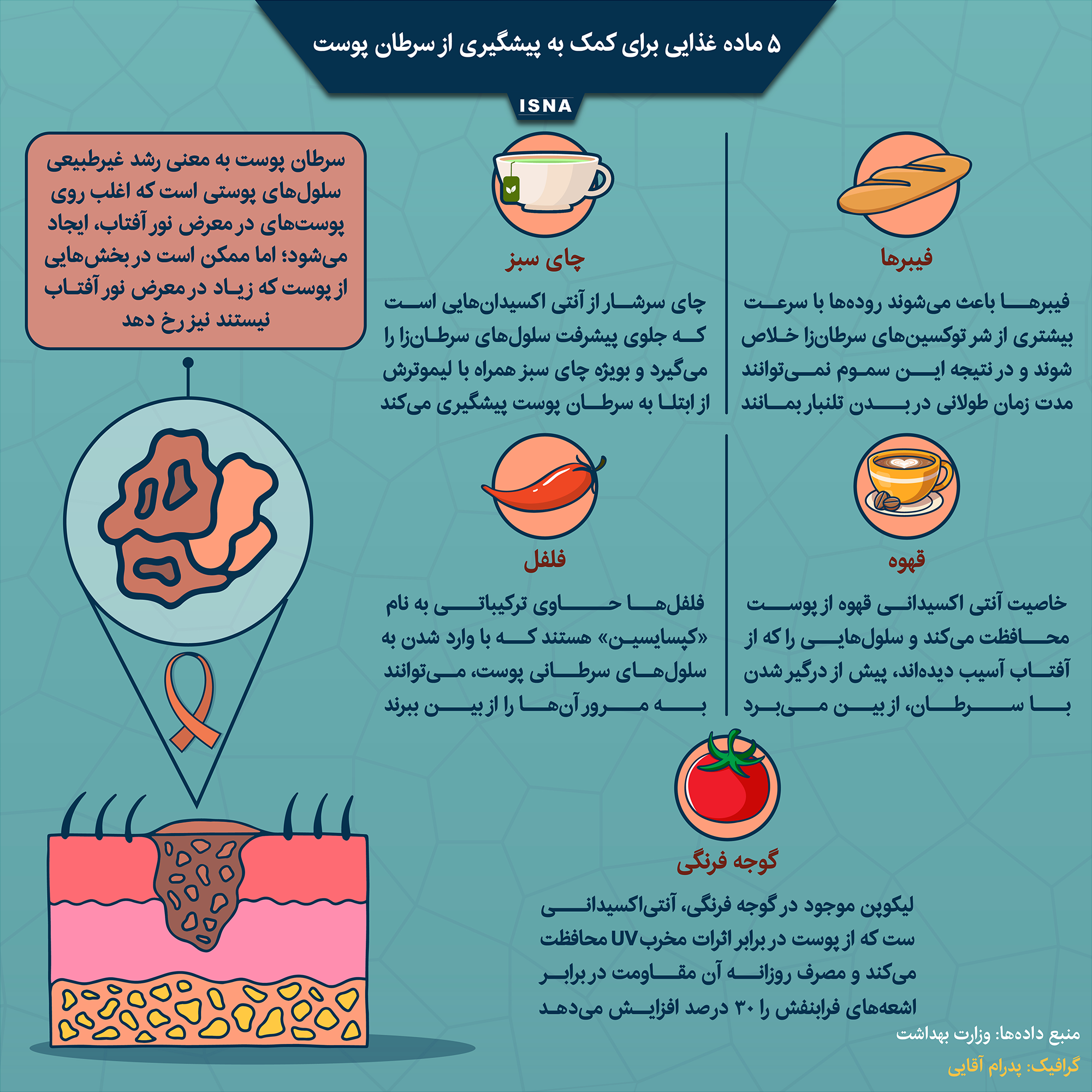 الف - اینفوگرافیک / پنج ماده غذایی برای کمک به پیشگیری از سرطان پوست -  صاحب‌خبر