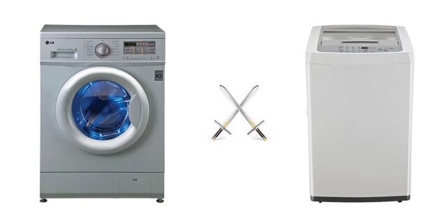 درب و تنظیمات ماشین لباسشویی دوقلو سطلی در بخش بالایی قرار دارد و درب و تنظیمات ماشین لباسشویی اتوماتیک در جلوی آن.