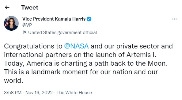 تبریک کاخ سفید به ناسا برای ماموریت"آرتمیس۱"