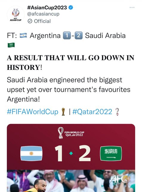 واکنش AFC به تاریخسازی عربستان در جام جهانی ۲۰۲۲