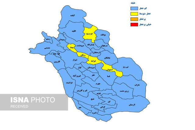 افزایش شهرستانهای آبی در نقشه کرونایی فارس افزایش شهرستانهای آبی در نقشه کرونایی فارس