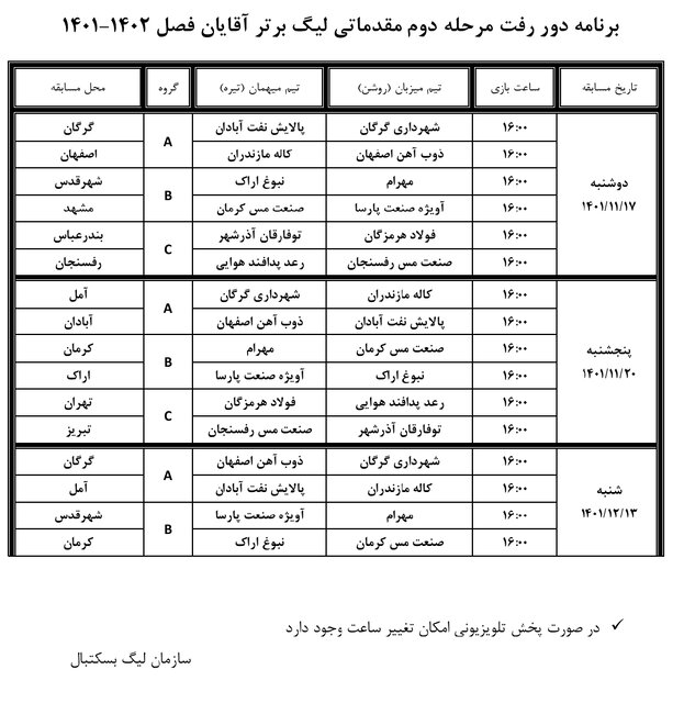 اعلام برنامه دور دوم مرحله مقدماتی لیگ بسکتبال