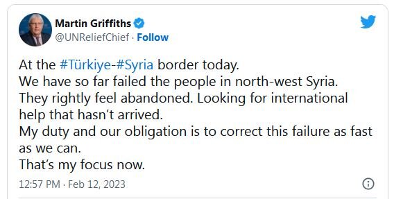 اعتراف به شکست سازمان ملل در کمک به مناطق زلزلهزده در شمالغرب سوریه