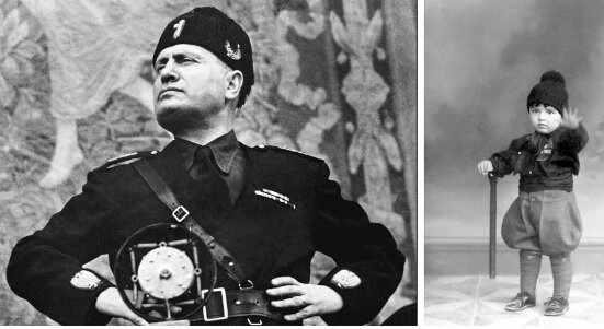 سمت راست تصویر کودکی در یونیفرم فاشیست و سمت چپ تصویری از موسولینی روایت اشغال وحشیانه ایتالیا در یک موزه