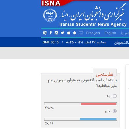 نتایج نظرسنجی ایسنا درباره انتخاب قلعه‌نویی به عنوان سرمربی تیم ملی فوتبال