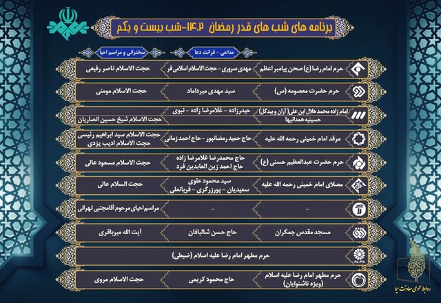 برنامههای شبهای قدر تلویزیون اعلام شد + جدول