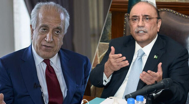 آصف زرداری (سمت راست)، زلمی خلیلزاد (سمت چپ) بگو مگوی خلیلزاد با «آقای ۱۰ درصدی»