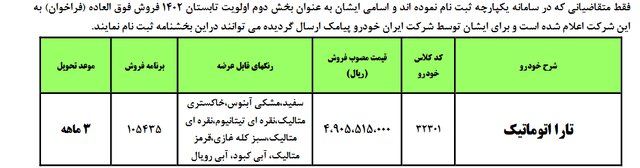 واریز وجه منتخبان فروش فوقالعاده تارا اتوماتیک با اولویت تابستان ۱۴۰۲