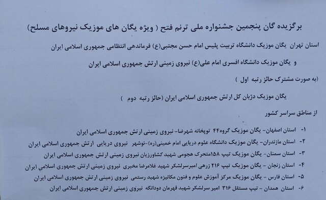 پنجمین جشنواره ملی ترنم فتح و نخستین جشنواره ملی ترنم حماسه به کار خود پایان داد