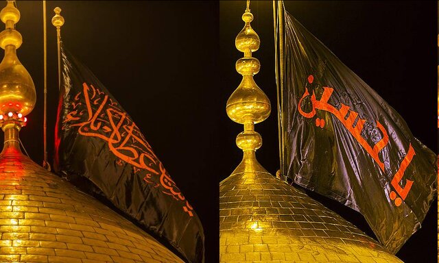 تعویض پرچم حرم سیدالشهدا (ع) و حضرت ابالفضـل العــباس (ع) در شب اول محرم+فیلم