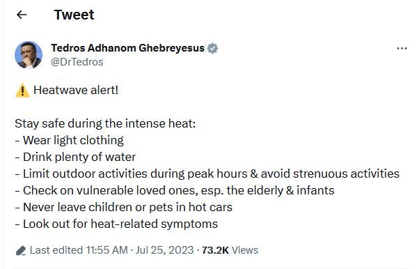 هشدار دبیرکل سازمان جهانی بهداشت درباره ساعات اوج گرما