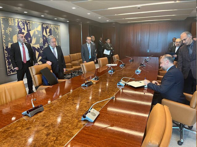 دیدار امیر عبداللهیان با دبیرکل سازمان ملل متحد در نیویورک ایران از هرگونه راه حل سیاسی برای توقف فوری نسلکشی در غزه حمایت میکند