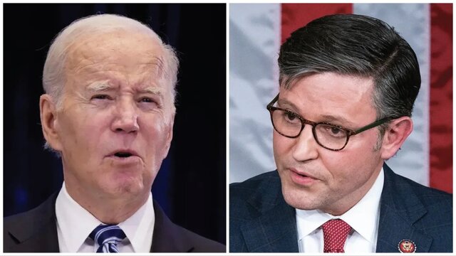 از راست: مایک جانسون، بایدن مجلس نمایندگان آمریکا به تحقیقات استیضاح بایدن نزدیک میشود