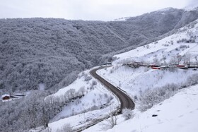 بارش برف در گردنه حیران آستارا / راهداران آماده باش هستند