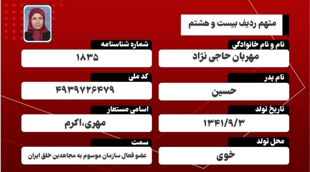 معرفی متهمان دادگاه منافقین/ مهربان حاجی‌نژاد؛ متهم ردیف بیست‌وهشتم