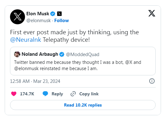 دریافتکننده تراشه مغزی نورالینک با ذهنش توییت کرد