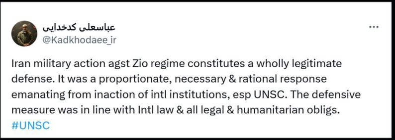 کدخدایی: اقدام نظامی ایران علیه رژیم صهیونیستی یک دفاع کاملا مشروع بود