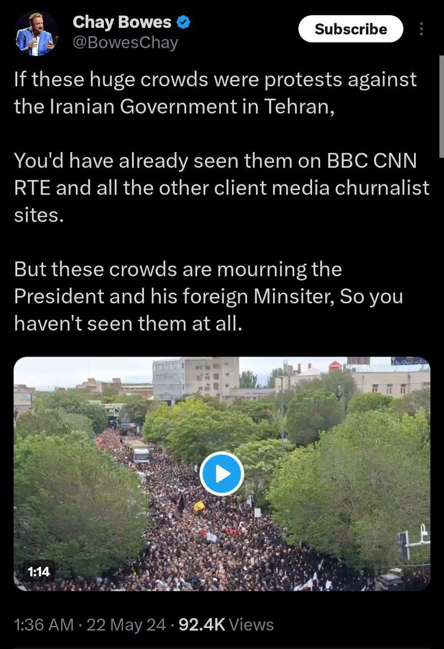 واکنش خبرنگاران و فعالان رسانهای خارجی به تشییع جنازه باشکوه آیتالله رئیسی