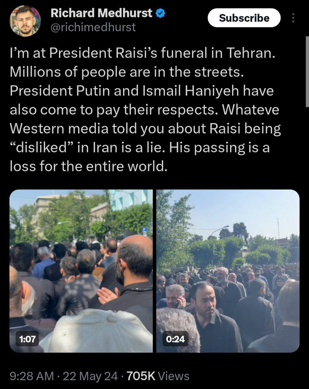 واکنش خبرنگاران و فعالان رسانهای خارجی به تشییع جنازه باشکوه آیتالله رئیسی