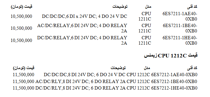 لیست قیمت PLC 1200 زیمنس