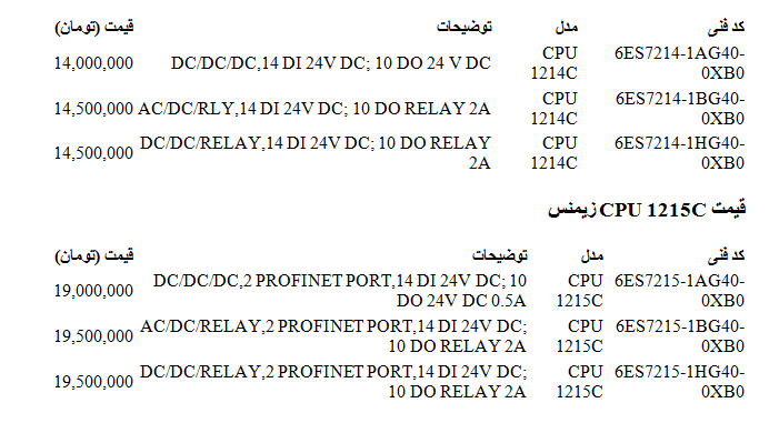 لیست قیمت PLC 1200 زیمنس